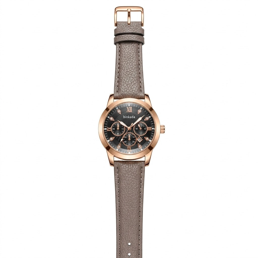 Binkada Men's Luxury Chronograph Watch – Gold-Tone Case with Textured Leather Strap