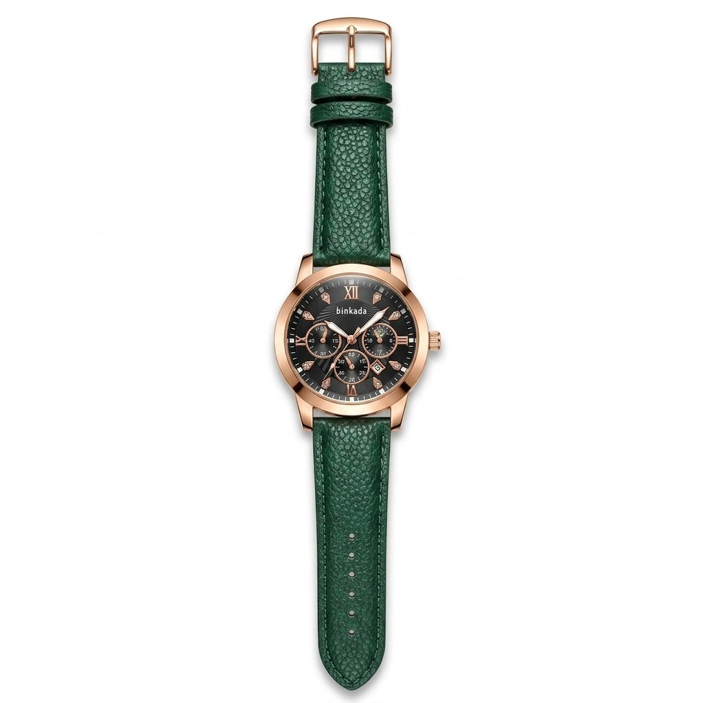 Binkada Men's Luxury Chronograph Watch – Gold-Tone Case with Textured Leather Strap