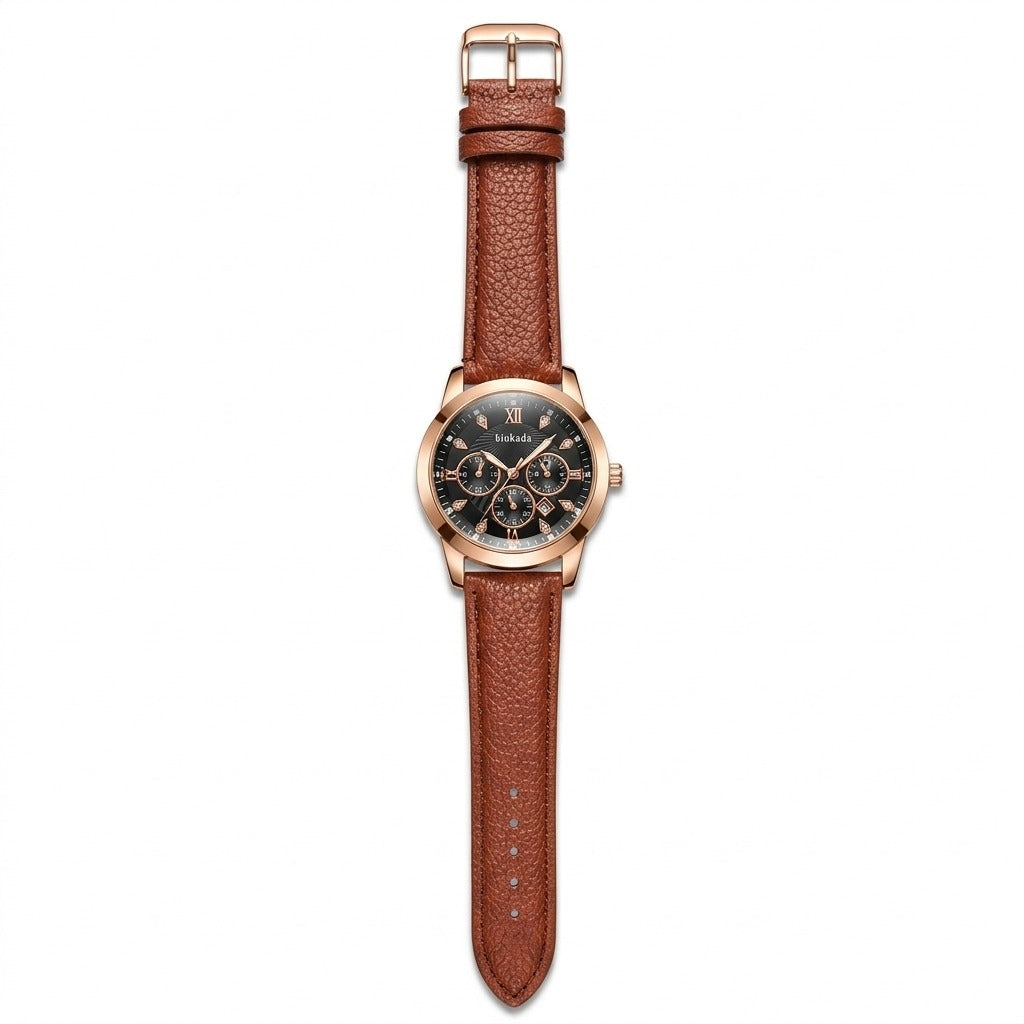 Binkada Men's Luxury Chronograph Watch – Gold-Tone Case with Textured Leather Strap
