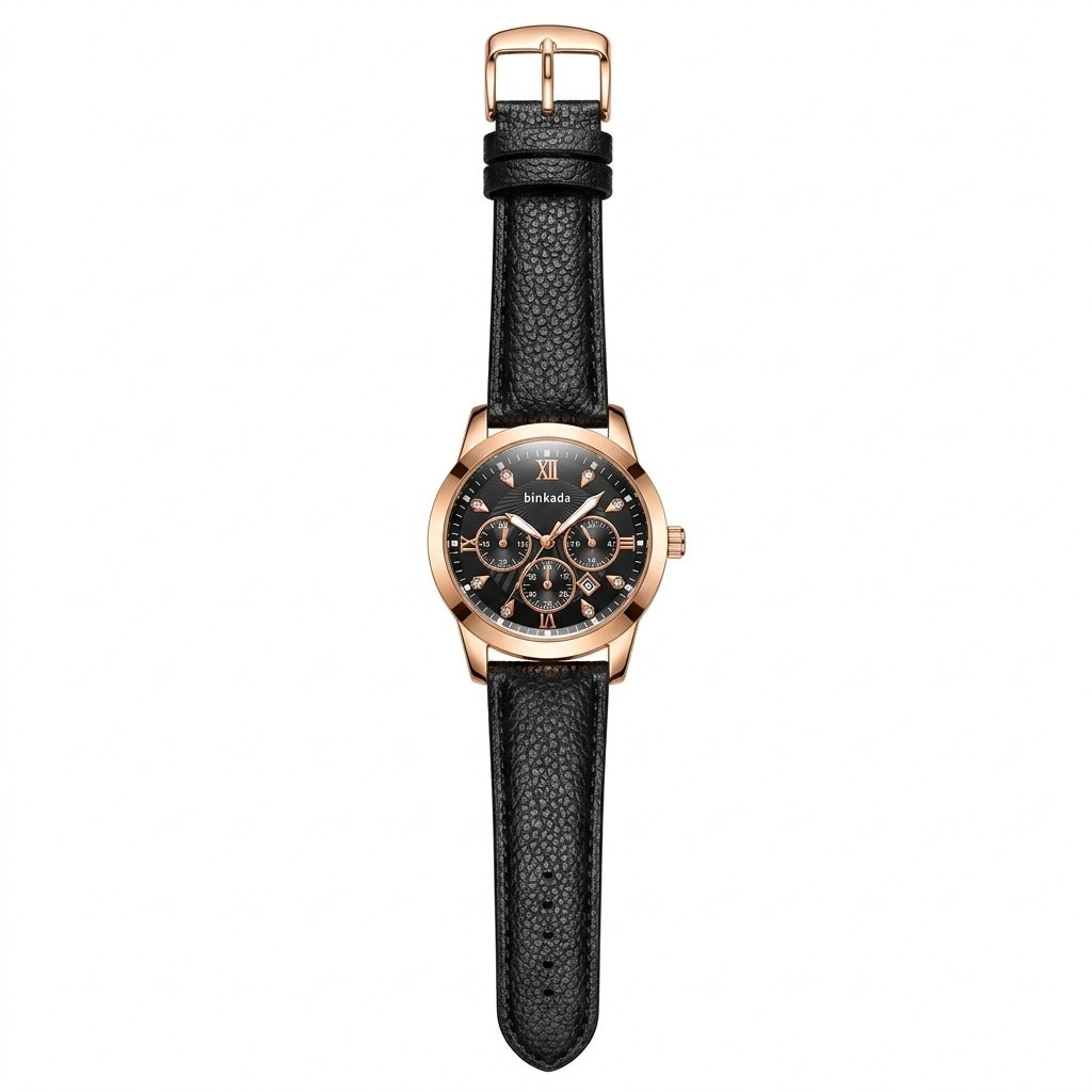 Binkada Men's Luxury Chronograph Watch – Gold-Tone Case with Textured Leather Strap