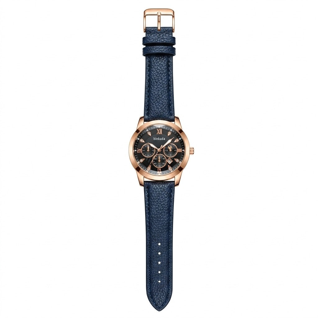 Binkada Men's Luxury Chronograph Watch – Gold-Tone Case with Textured Leather Strap