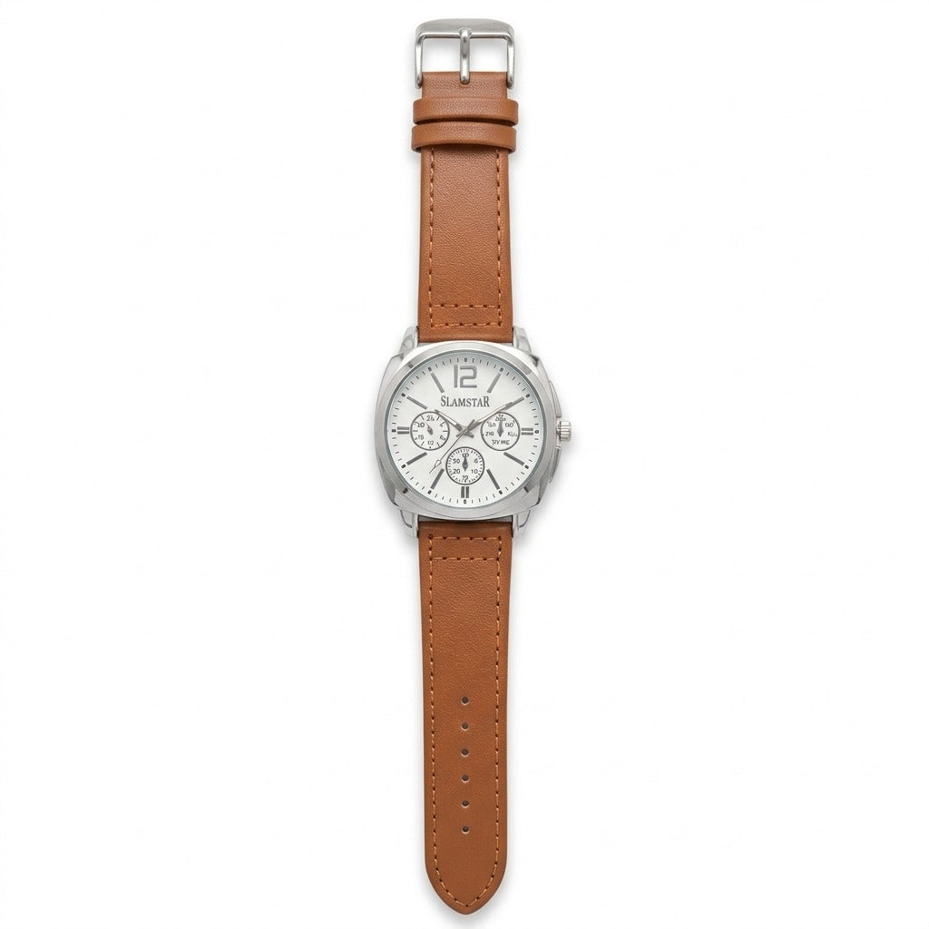 Men’s Luxury Analog Wrist Watch with Leather Strap – Multi-Color Dial