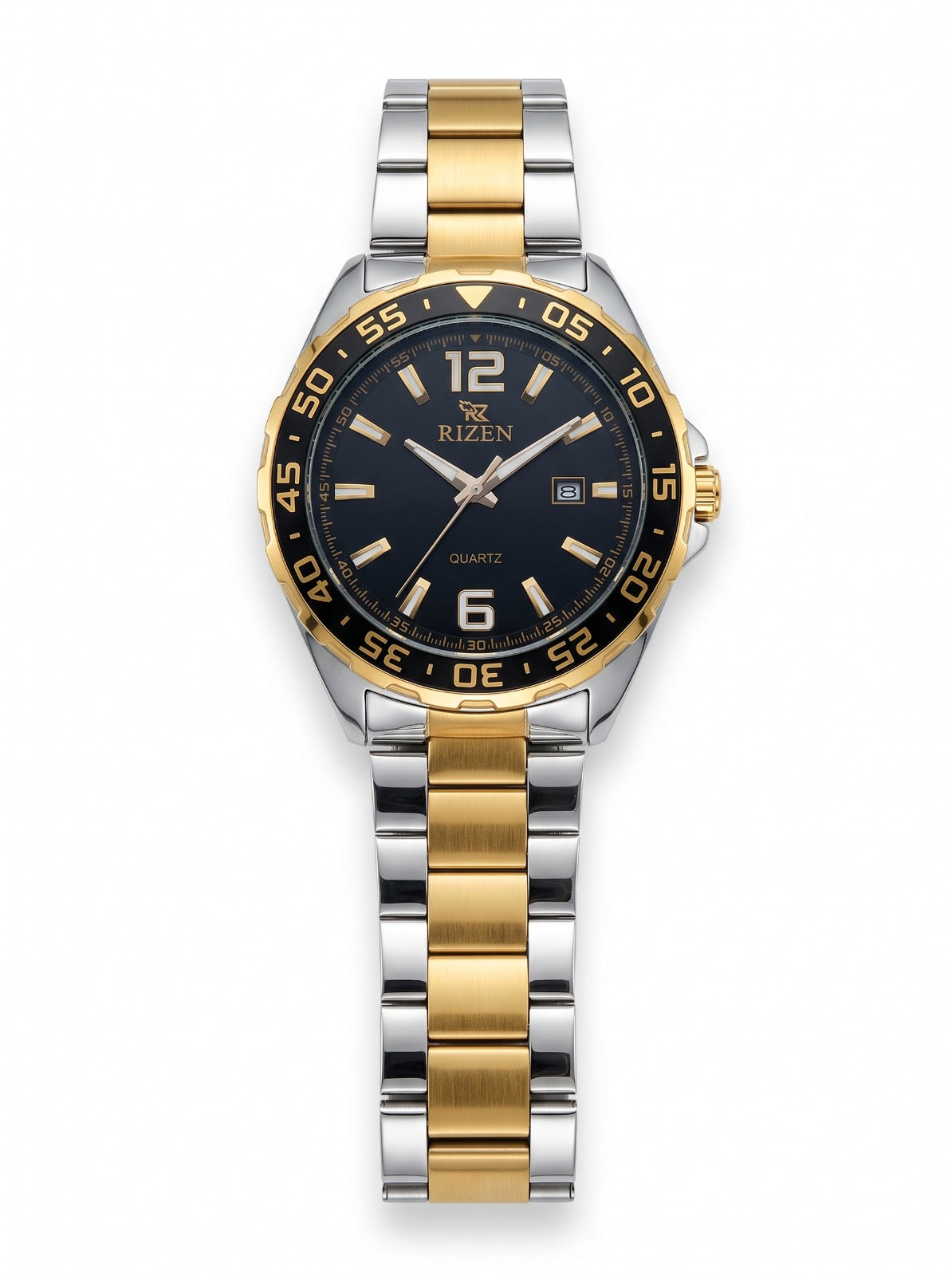 RIZEN Luxury Men's Quartz Watch – Stainless Steel Style with Rotating Bezel
