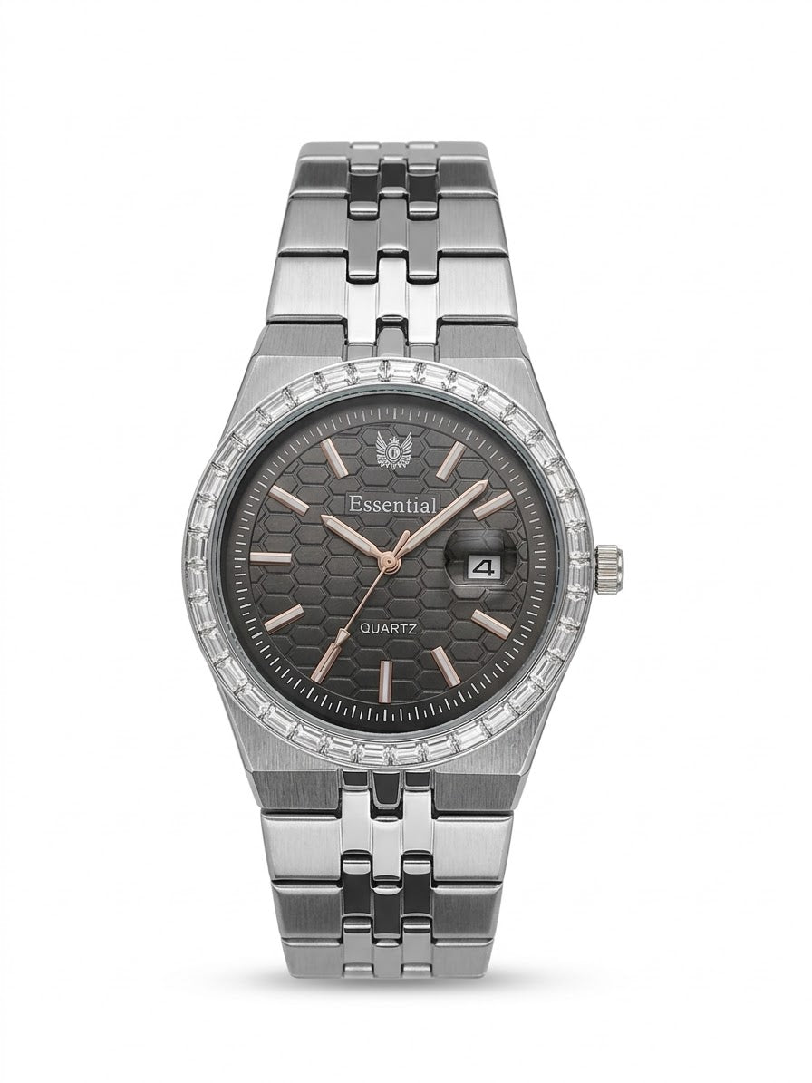 Essential Quartz Black Textured Dial Silver Luxury Watch