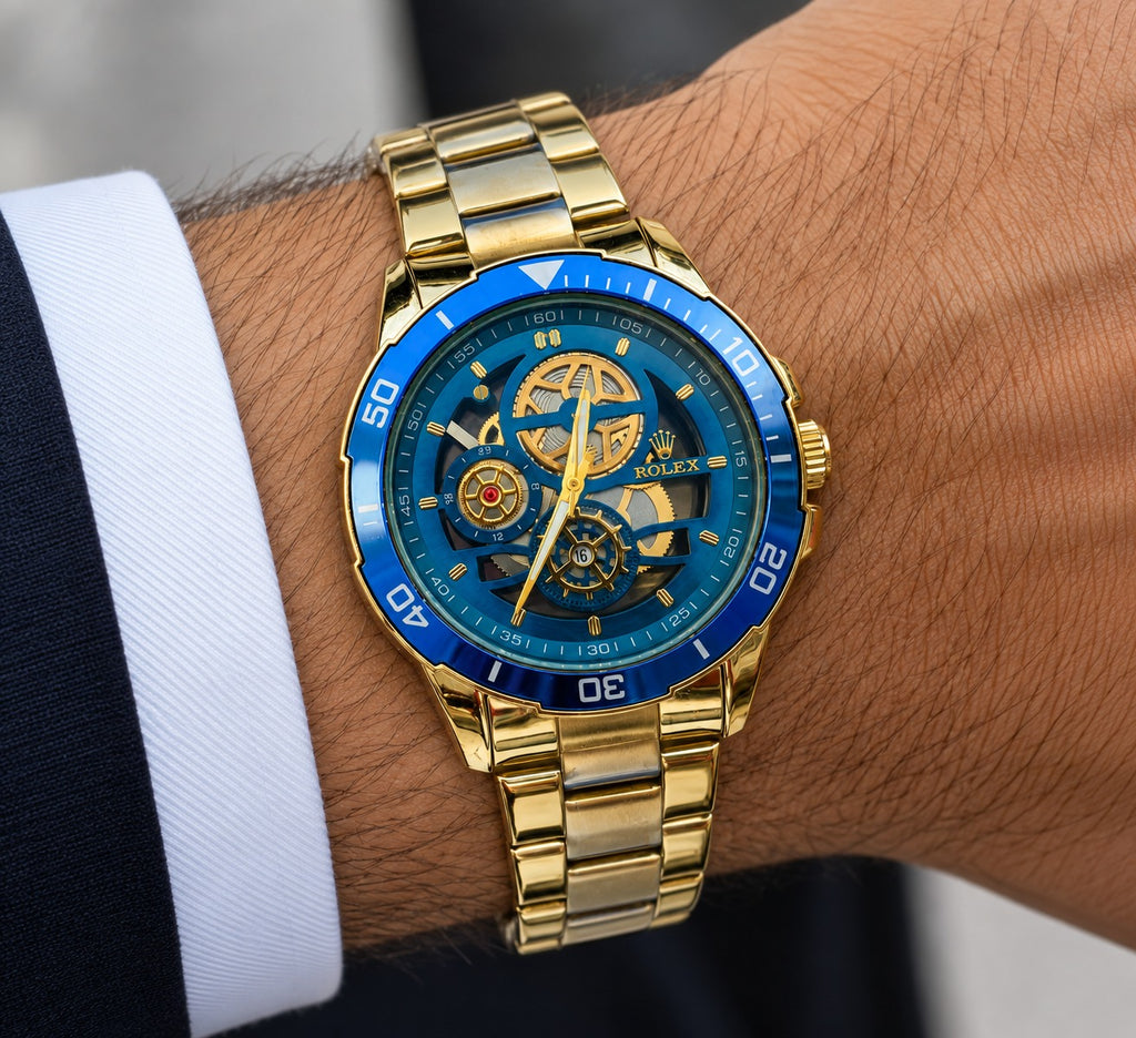 Luxury Gold & Blue Skeleton Style Watch