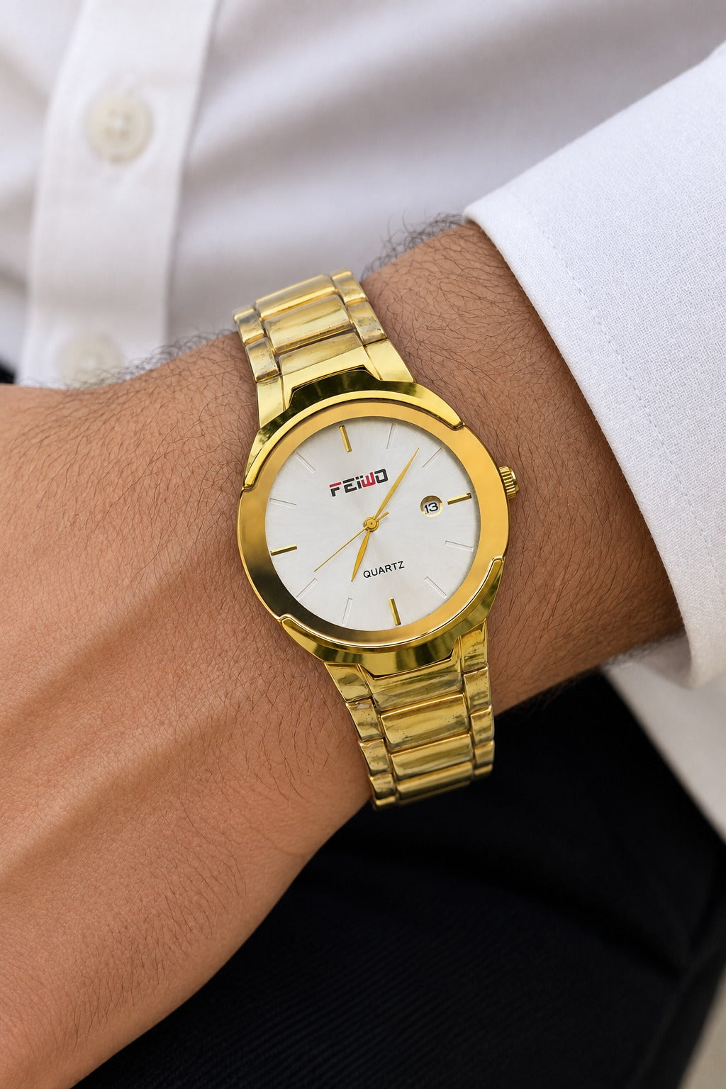 FEIWO Classic Gold Quartz Watch – White Dial
