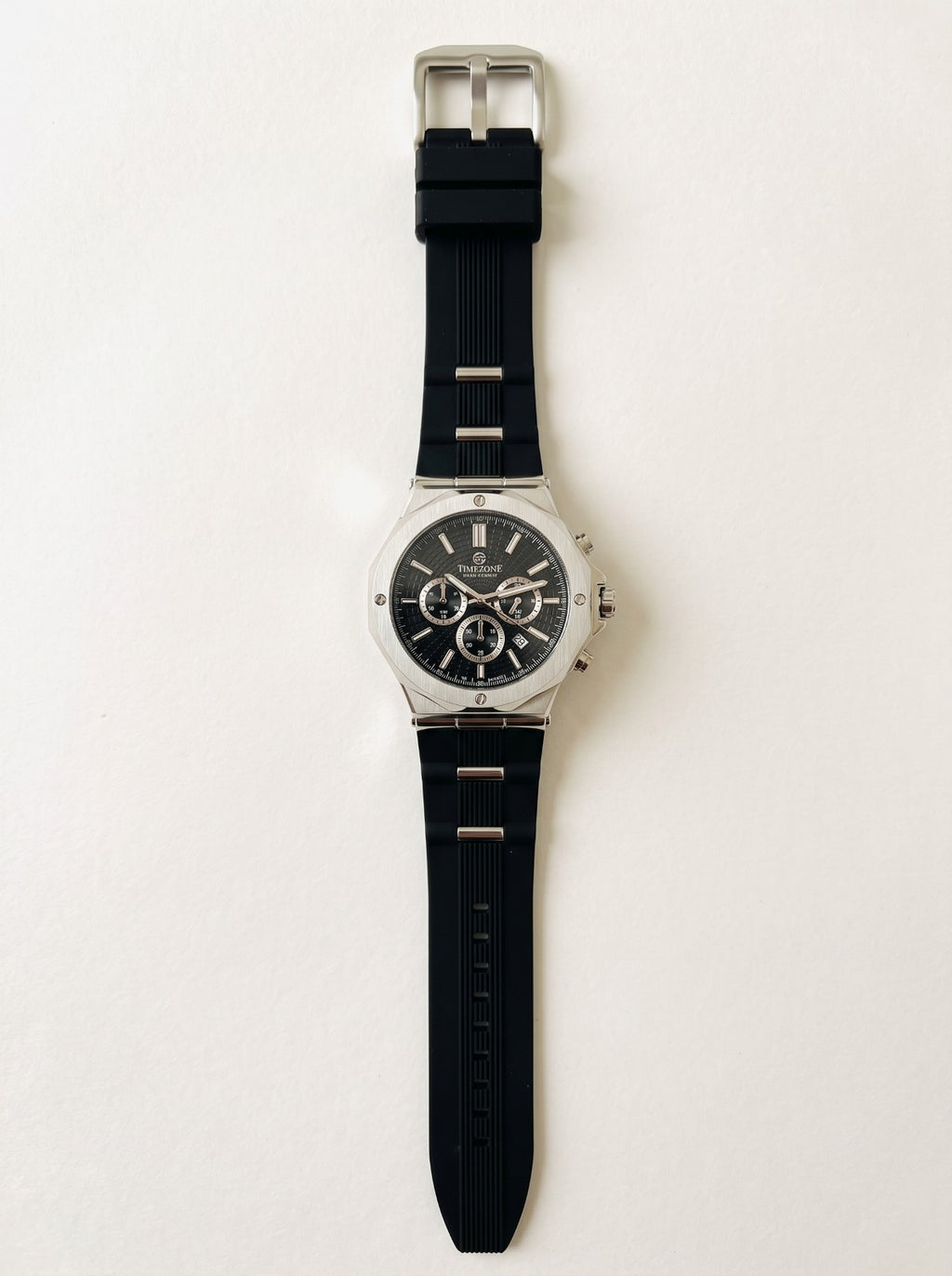 TIMEZONE Black Chronograph Watch with Silver-Tone Case
