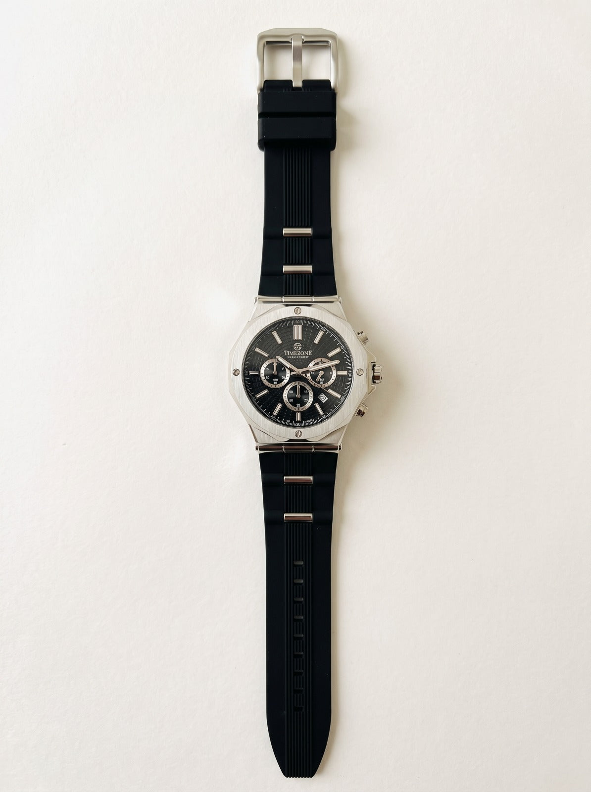 TIMEZONE Black Chronograph Watch with Silver-Tone Case