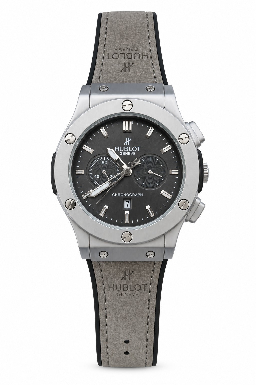 Luxury Silver Chronograph Style Watch – Grey Strap