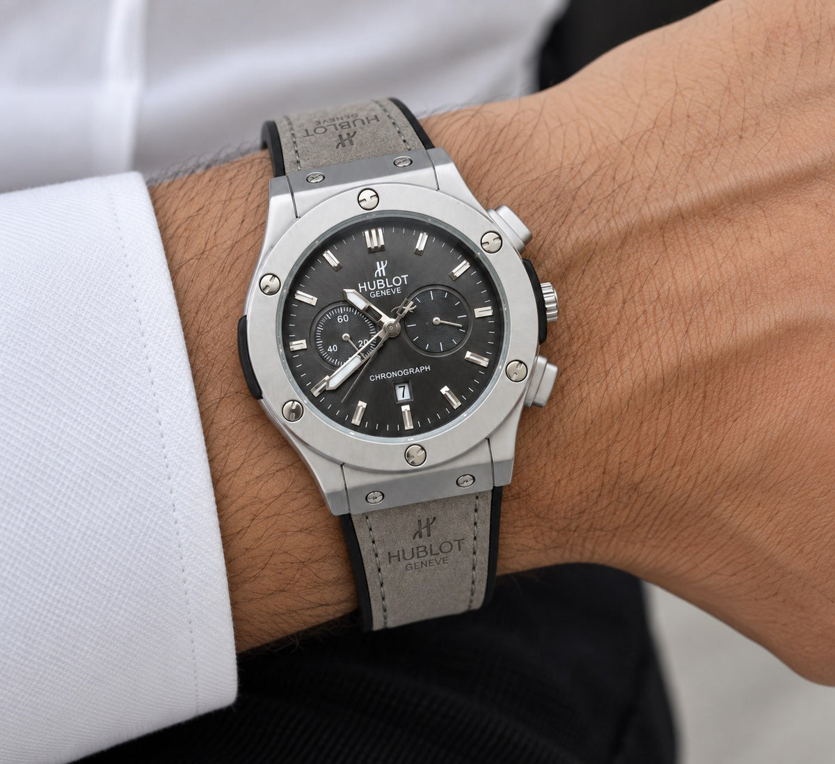 Luxury Silver Chronograph Style Watch – Grey Strap