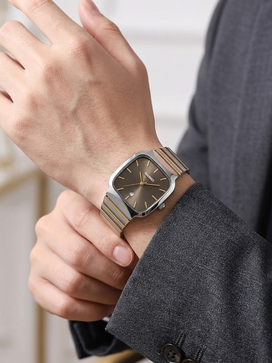 SKMEI Coffee Brown Square Dial Two-Tone Men's Watch