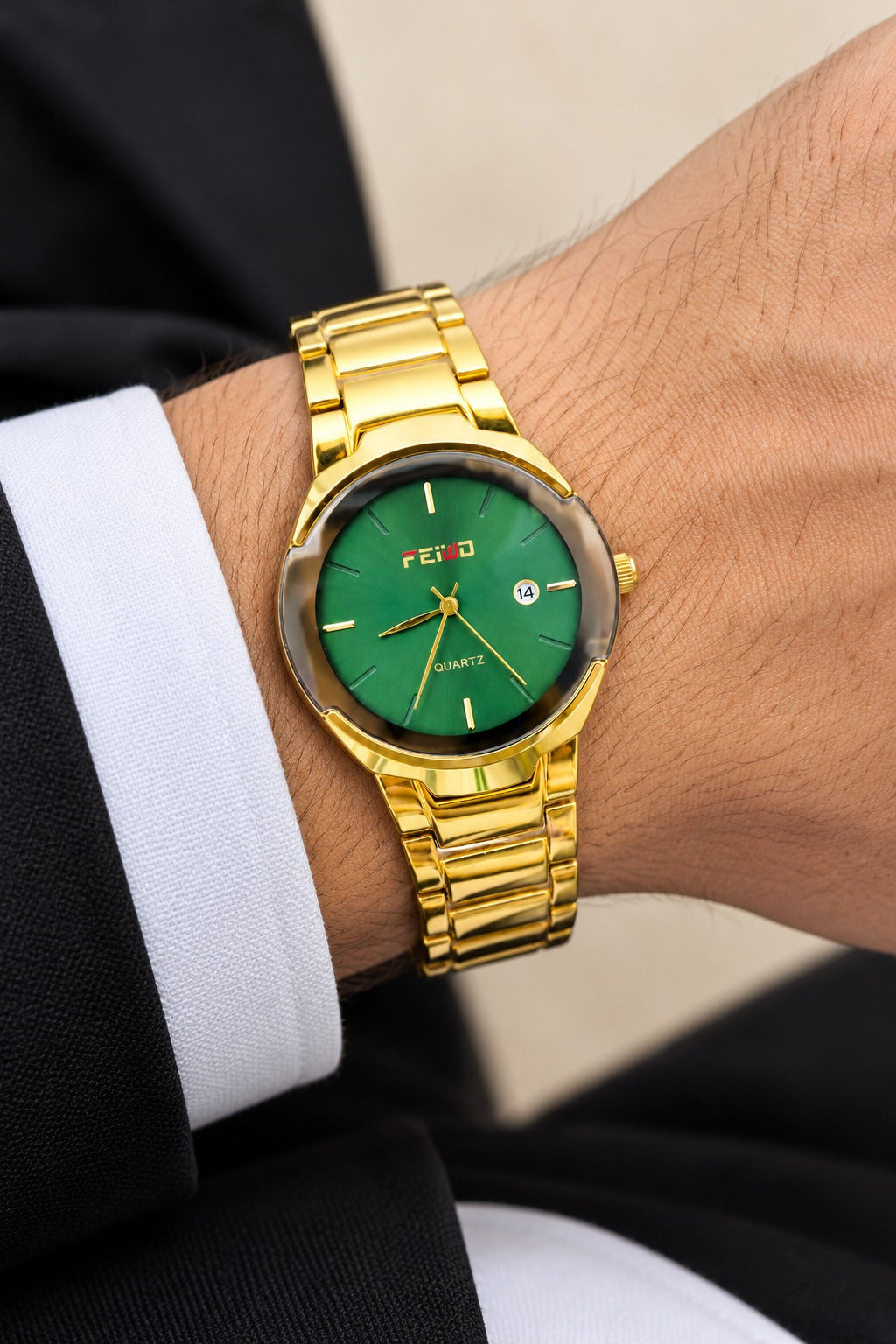 FEIWO Luxury Gold Green Dial Quartz Watch for Men