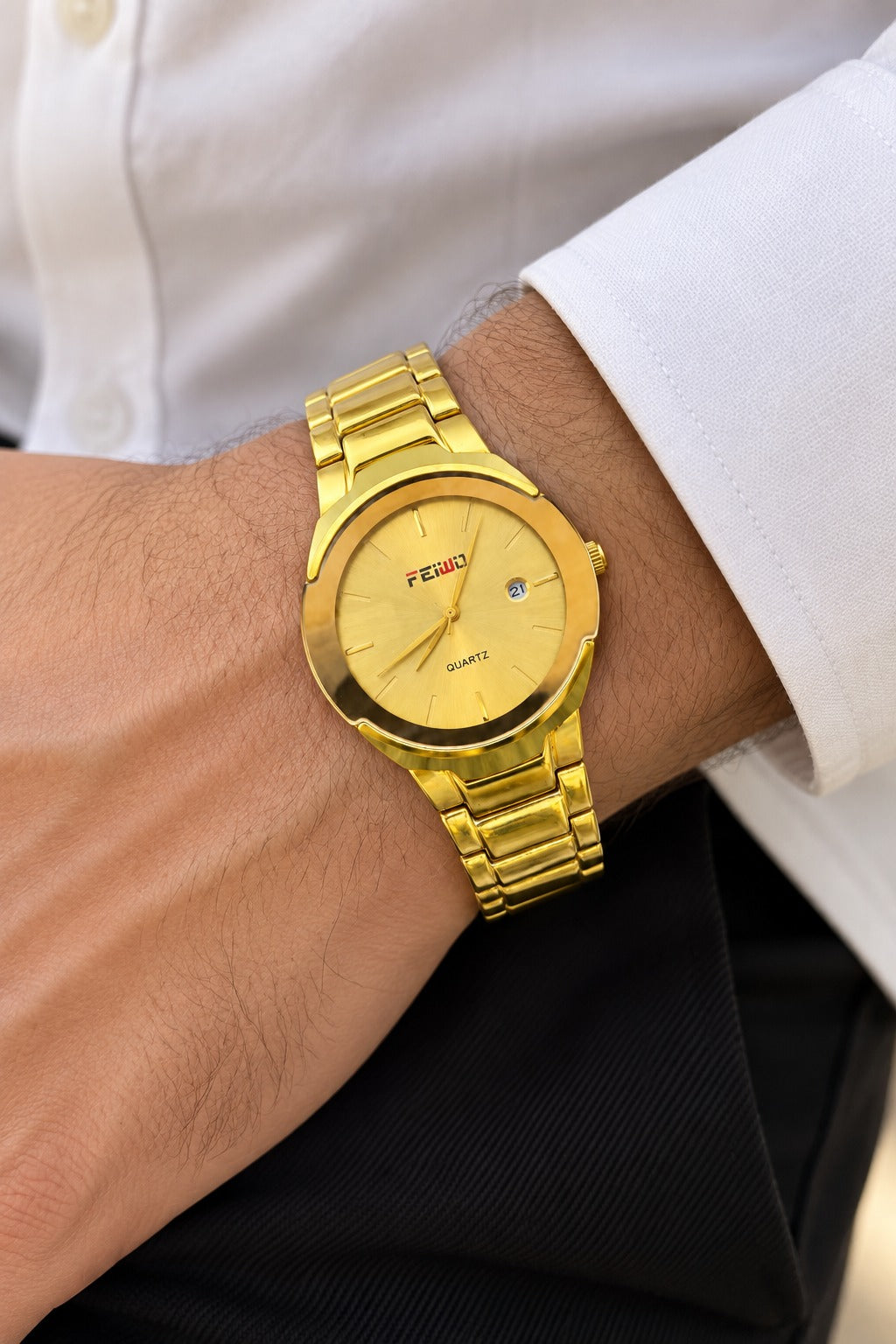 FEIWO Luxury Gold-Tone Men’s Quartz Watch with Gold Dial