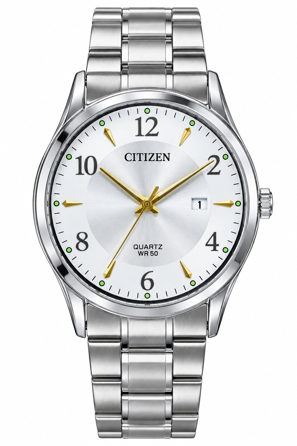 Luxury Silver Stainless Steel CITIZEN Quartz Watch – White Dial with Gold Hands