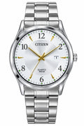 Luxury Silver Stainless Steel CITIZEN Quartz Watch – White Dial with Gold Hands