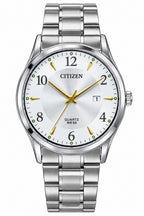Luxury Silver Stainless Steel CITIZEN Quartz Watch – White Dial with Gold Hands