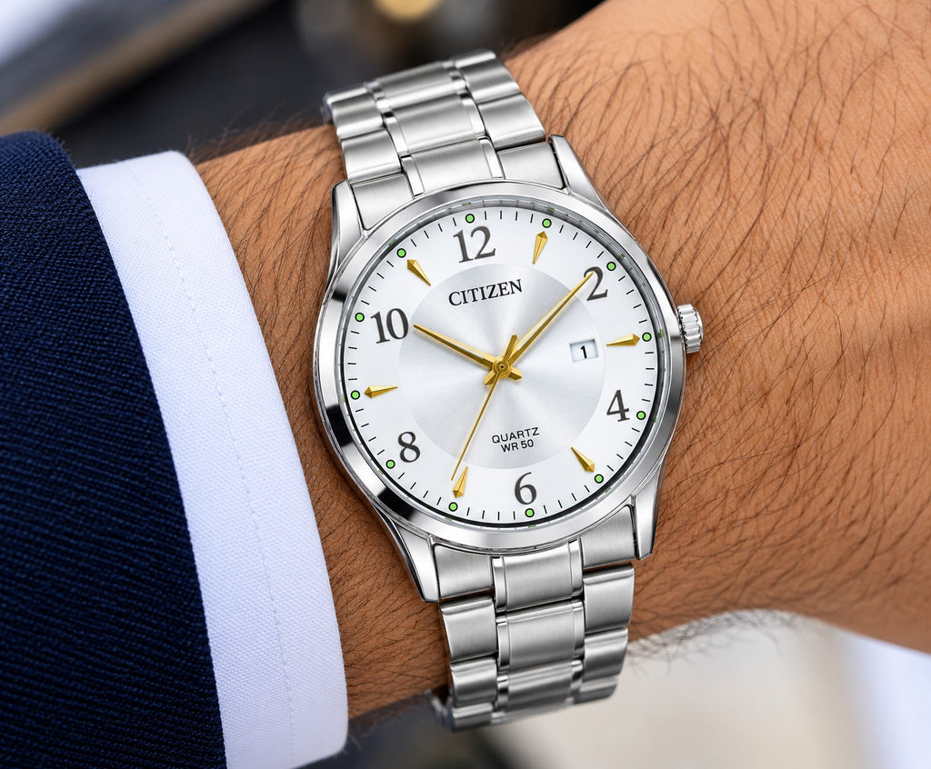 Luxury Silver Stainless Steel CITIZEN Quartz Watch – White Dial with Gold Hands