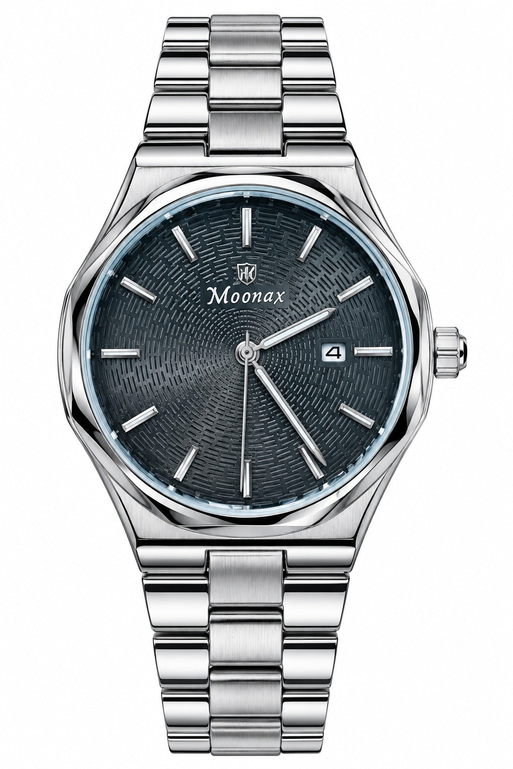 Moonax Luxury Men’s Watch – Silver Stainless Steel Bracelet with Black Textured Dial