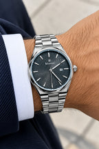 Moonax Luxury Men’s Watch – Silver Stainless Steel Bracelet with Black Textured Dial