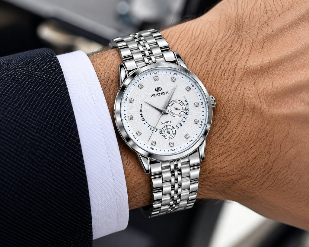 Luxury Silver Dial Men’s Watch – Stainless Steel Quartz Wristwatch