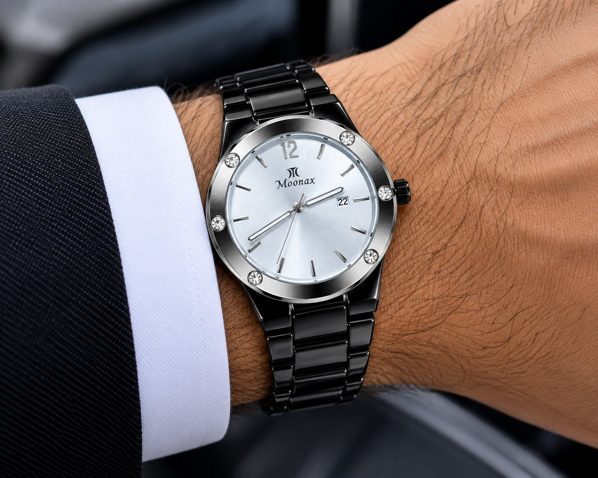 Luxury Black & Silver Men’s Watch – Elegant Stainless Steel Wristwatch