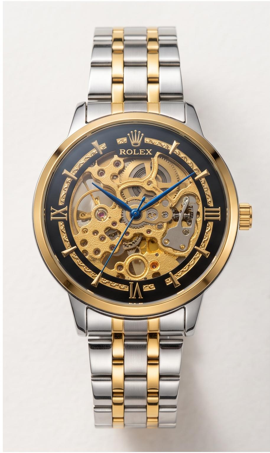 Luxury Two-Tone Gold & Silver Skeleton Watch with Black Dial