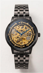 Luxury Two-Tone Gold & Silver Skeleton Watch with Black Dial