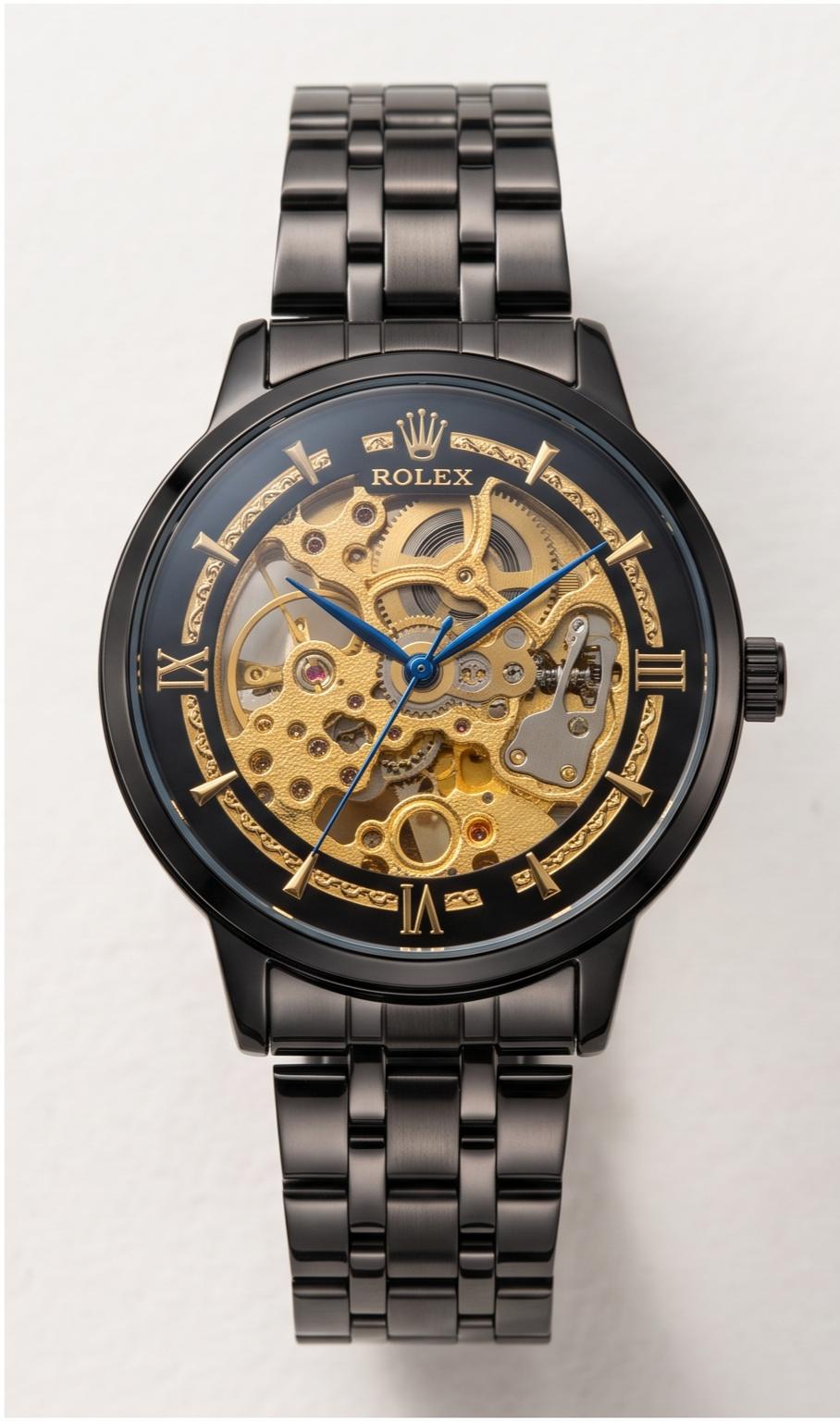 Luxury Two-Tone Gold & Silver Skeleton Watch with Black Dial