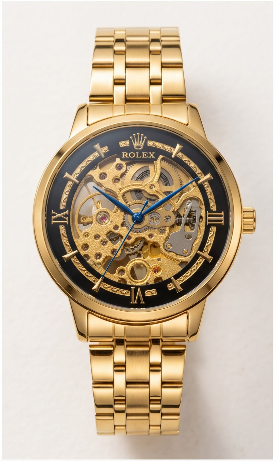 Luxury Two-Tone Gold & Silver Skeleton Watch with Black Dial