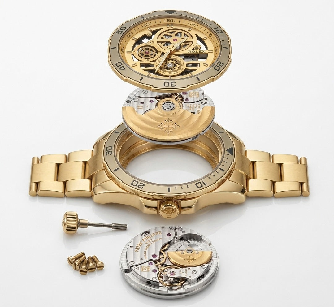 Men’s Luxury Gold Skeleton Automatic-Style Watch – Black & Gold Dial