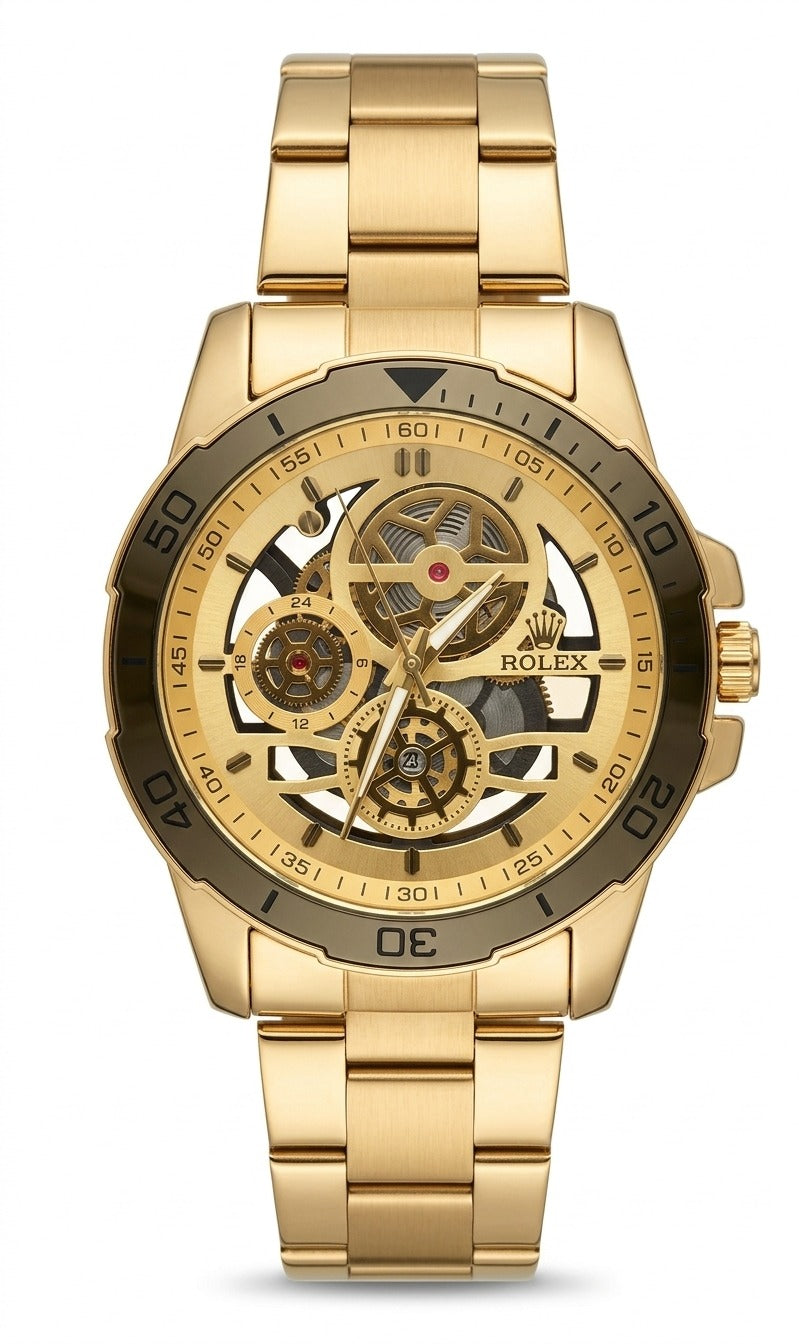 Men’s Luxury Gold Skeleton Automatic-Style Watch – Black & Gold Dial