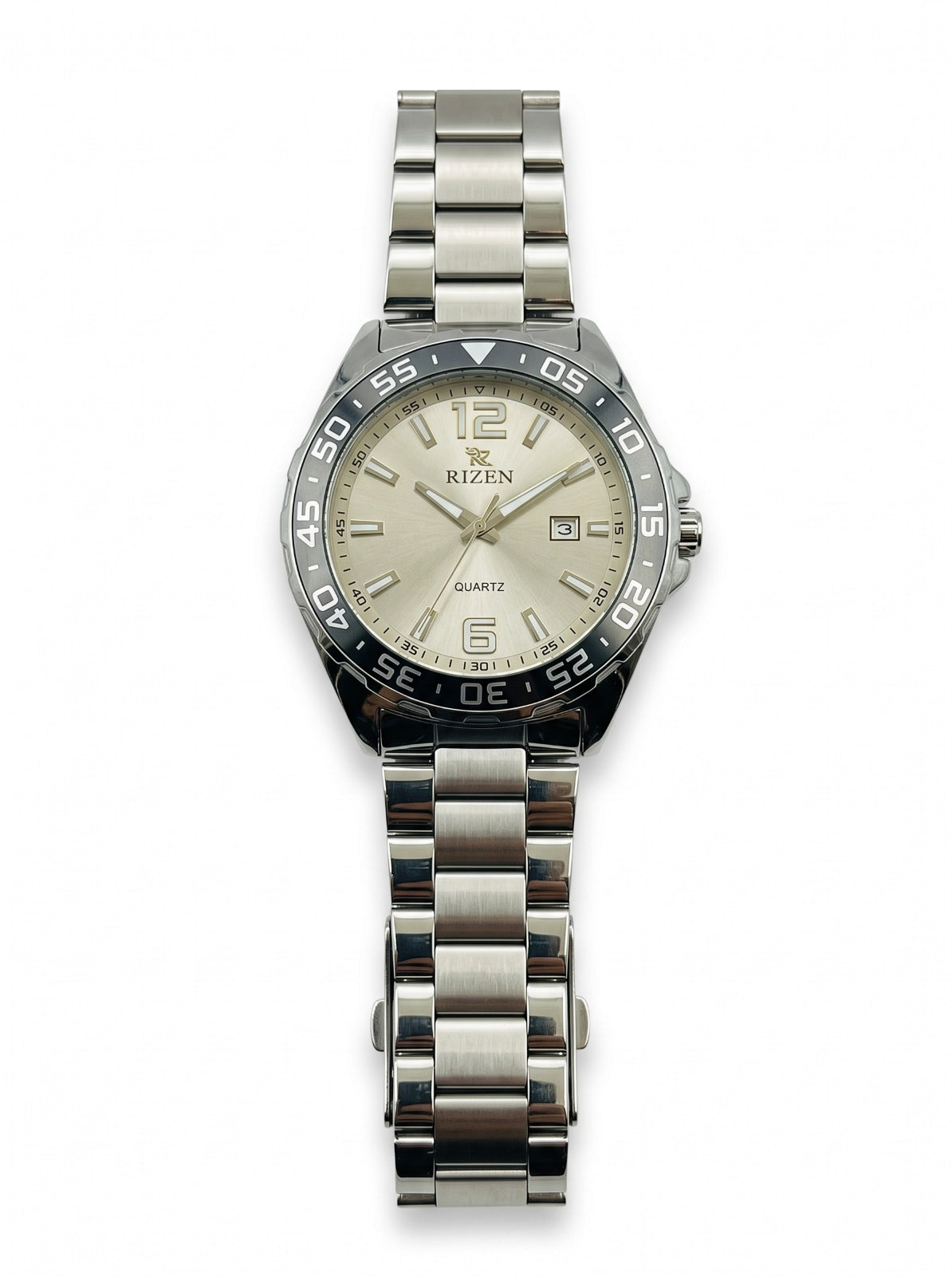 RIZEN Luxury Men's Quartz Watch – Stainless Steel Style with Rotating Bezel