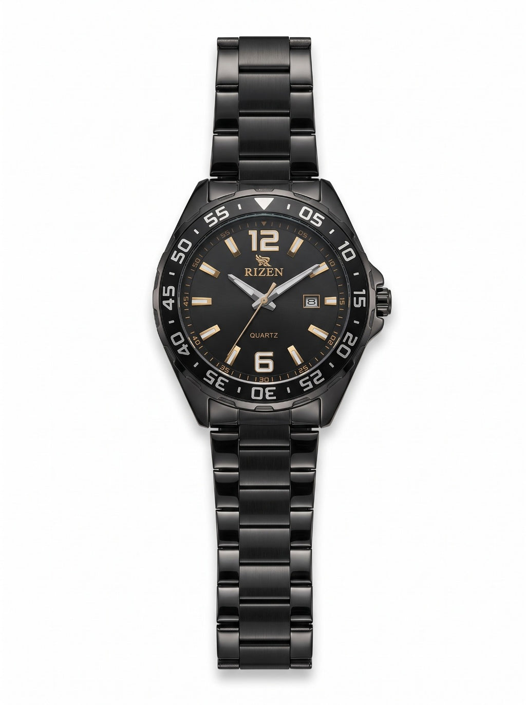 RIZEN Luxury Men's Quartz Watch – Stainless Steel Style with Rotating Bezel